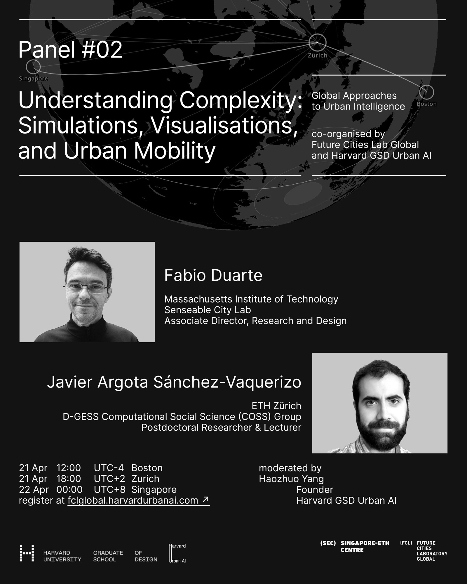 Panel #02: 'Understanding Complexity: Simulations, Visualisations, and Urban Mobility' with panelists Fabio Duarte (MIT) and Javier Argota Sánchez-Vaquerizo (ETH Zürich) examining complexity and visualization in urban systems.